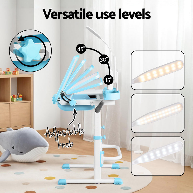 Keezi Kids Table and Chair Set Adjustable Study Desk w/ LED Lamp Reading Blue