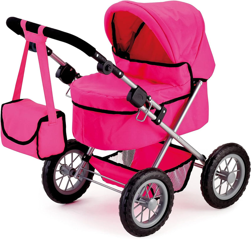 Foldable Dolls Pram with Height-Adjustable Handle and Shoulder Bag, Stable, Pink