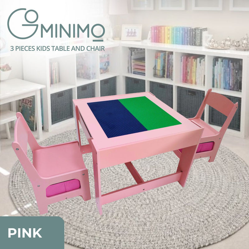 EKKIO 3PCS Kids Table with Lego Baseplate and Chairs Set with Black Chalkboard (Pink) EK-KTCS-105-RHH