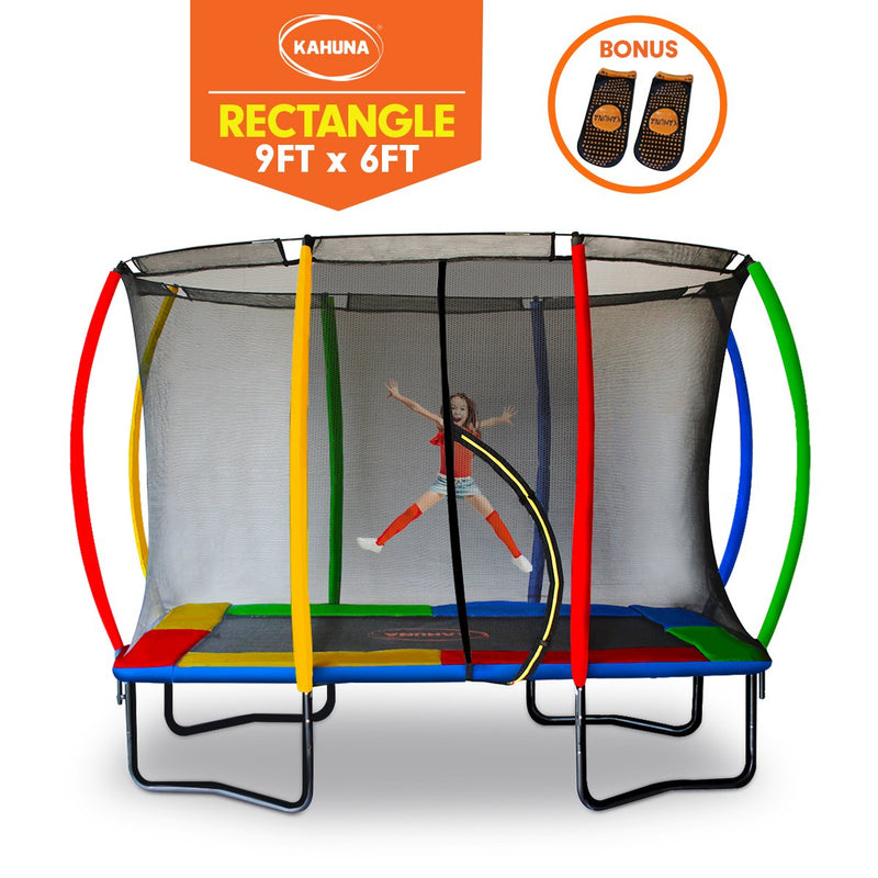 Kahuna 6ft x 9ft Outdoor Rectangular Rainbow Trampoline With Safety Enclosure