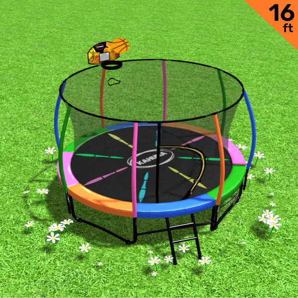 Kahuna 16ft Outdoor Trampoline Kids Children With Safety Enclosure Pad Mat Ladder Basketball Hoop Set - Rainbow