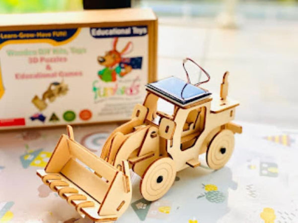 Model Bulldozer Tipper truck: Solar or battery powered plywood model-includes Motor or Solar powered options plus paint brush set