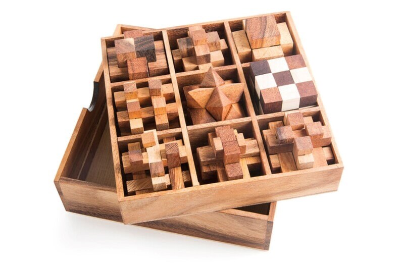 Mothers day gift Wooden brain teaser puzzle gift box - 9 individual mechanical puzzle set in own box