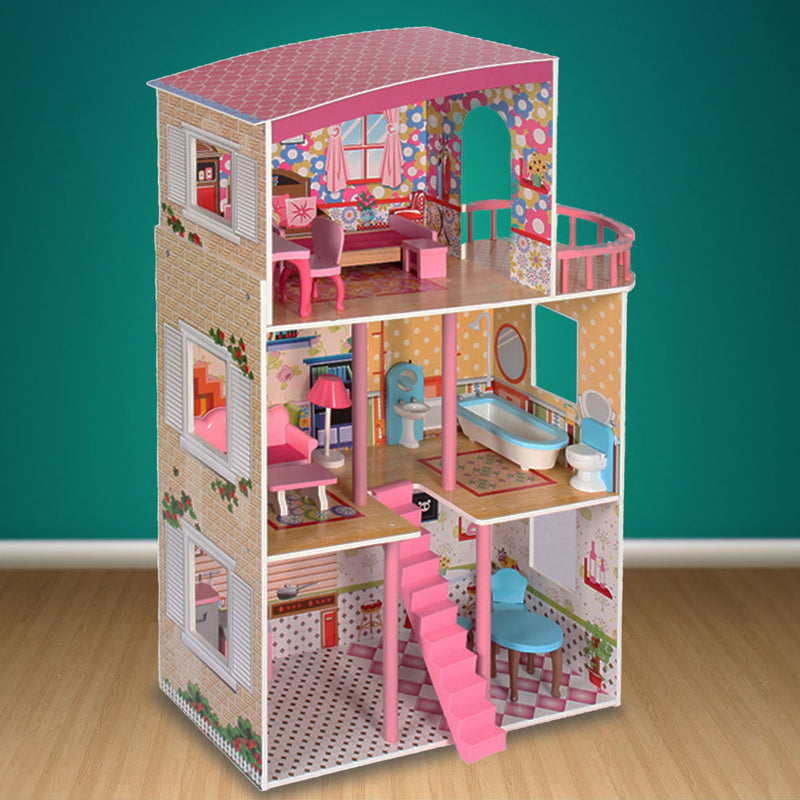 Large Wooden Girls Doll House 3 Level Kids Pretend Play Toys Furniture Dollhouse