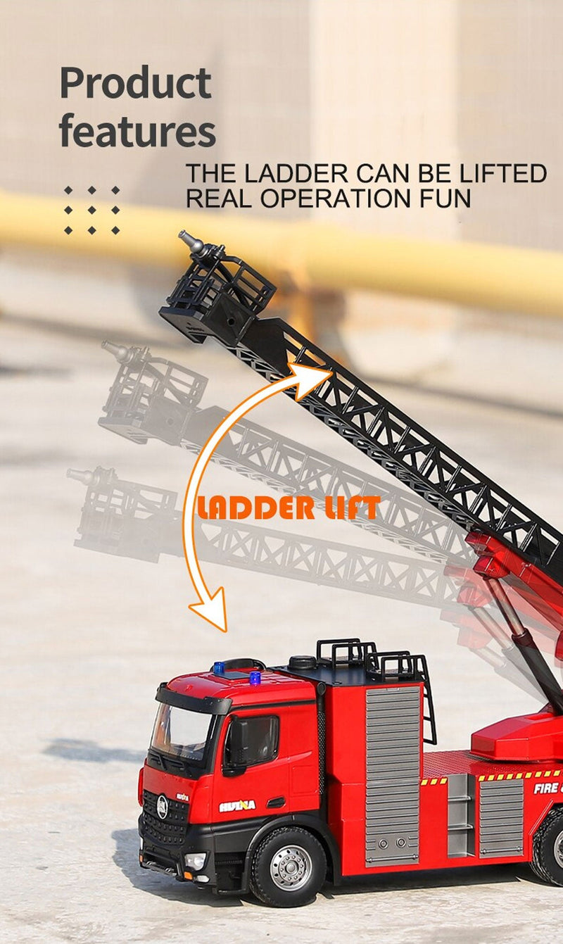 Huina 1:14 RC Fire Truck Extensible Ladder Toy Car Water Gun Construction Light Sound Gift