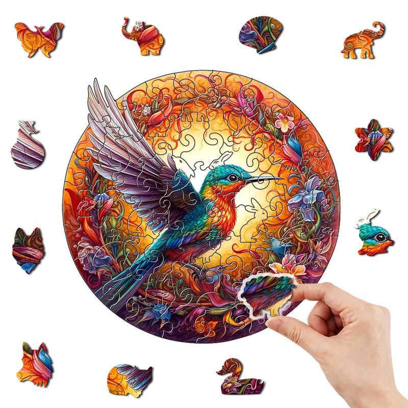 Round Hummingbird Wooden Puzzle - Vibrant Floral Design (S-paper box-H160)