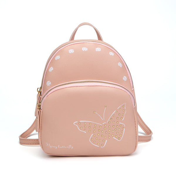 Mini Faux Leather Backpack with Butterfly Design -Pink Cute Backpack for Girls