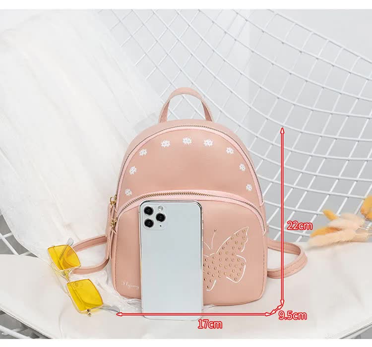 Leather Backpack Mini Faux with Butterfly Design -Pink