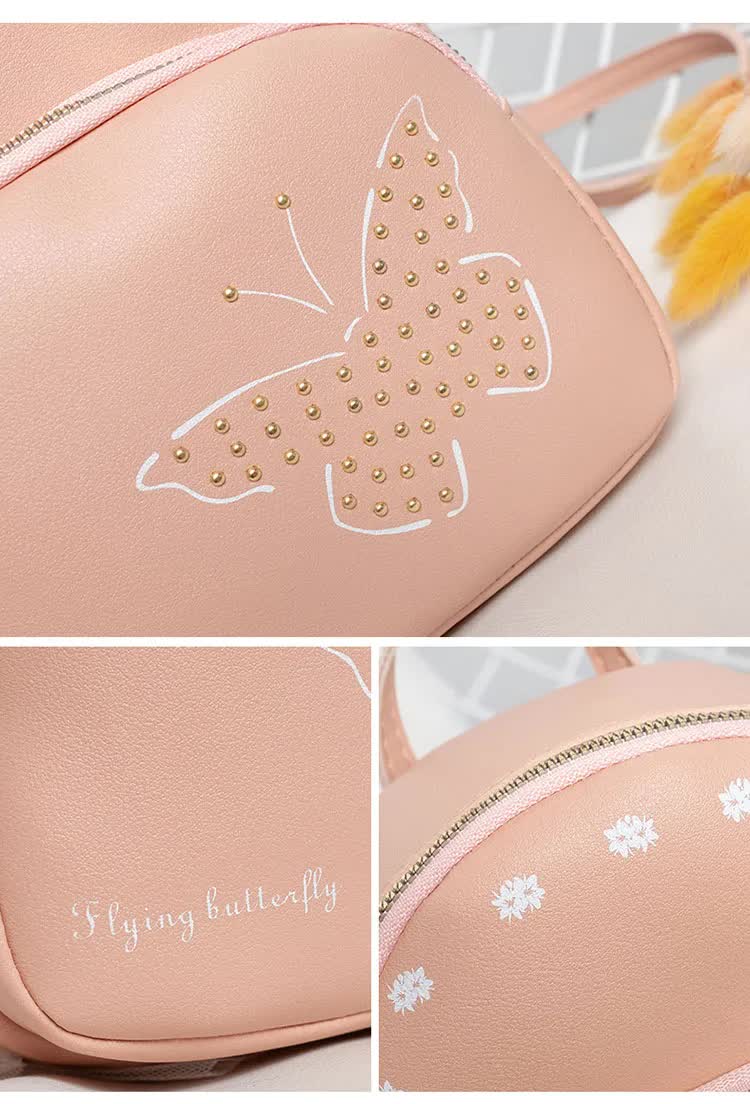 Leather Backpack Mini Faux with Butterfly Design -Pink