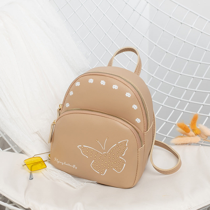 Mini Faux Leather Backpack with Butterfly Design -Khaki Cute Backpack for Girls