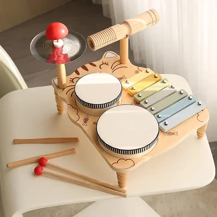 Cat Pattern Wooden Orff Percussion Musical Instrument Set for Kids – Xylophone, Drum, Gong, and Hand Drum – Educational Toys for Toddlers and Babies