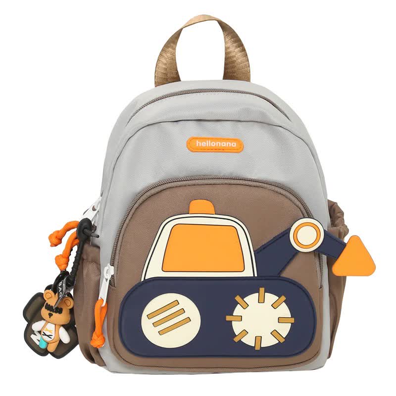 Grey-brown Kids' Cartoon Backpack - Adorable Excavator Design with Spacious Compartments