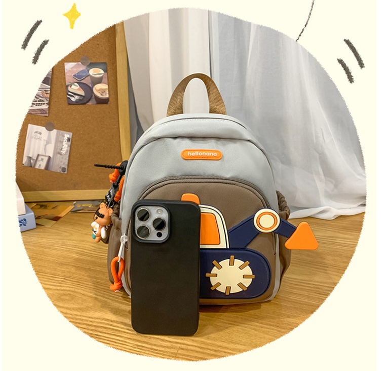 Grey-brown Kids' Cartoon Backpack - Adorable Excavator Design with Spacious Compartments