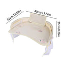 Kids Car Seat Travel Tray - Waterproof Lap Desk with Storage Pockets (Beige bunny - Round)