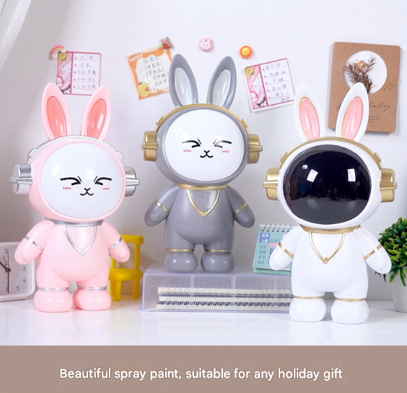 Grey Cute Astronaut Rabbit Piggy Bank | Shatterproof Kids Money Box & Room Decor Figurine