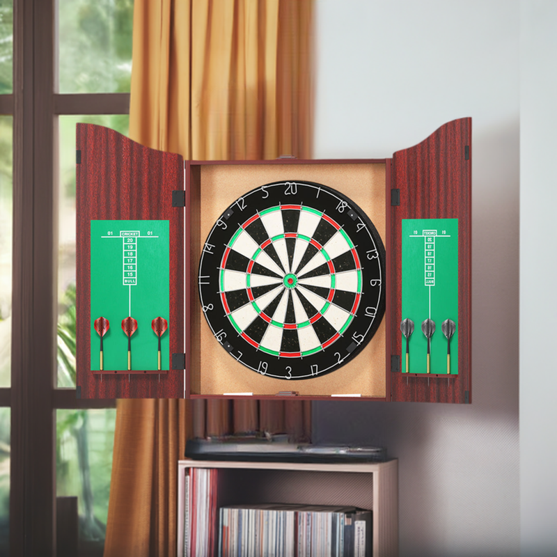 18" Dartboard Dart Board with Steel Darts Wooden Cabinet Party Game