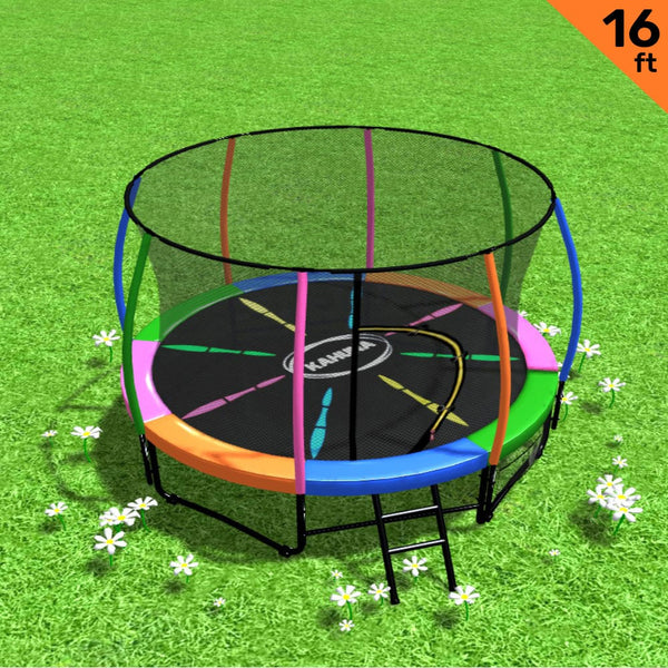 Kahuna 16ft Trampoline Free Ladder Spring Mat Net Safety Pad Cover Round Enclosure - Rainbow