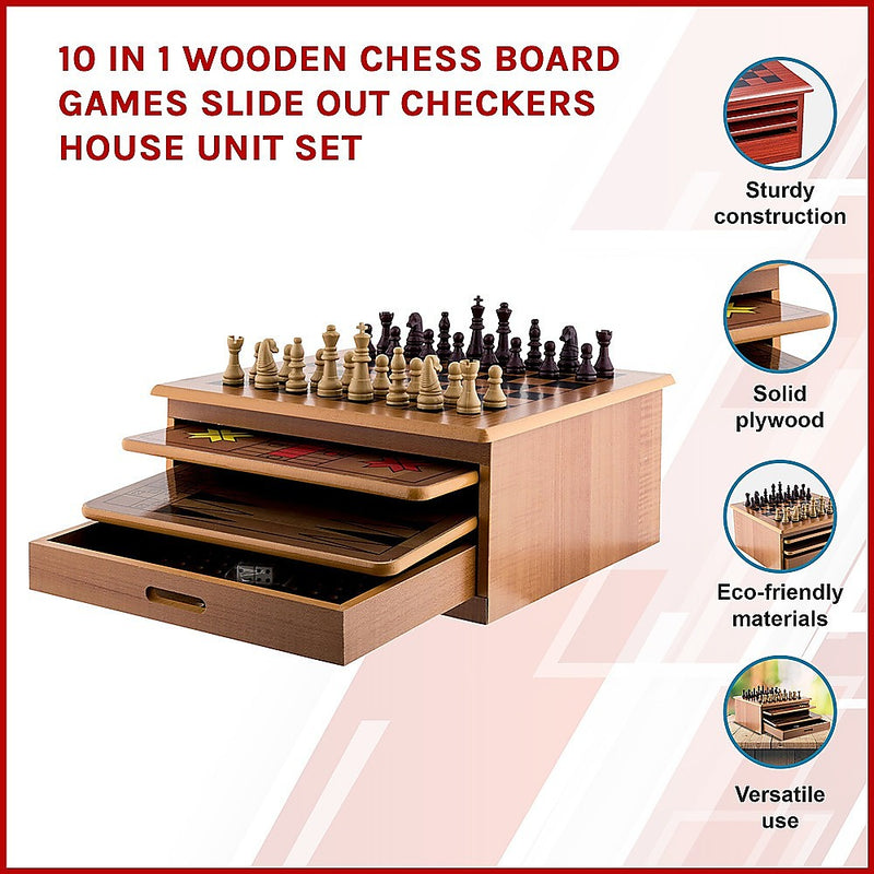 10 in 1 Wooden Chess Board Games Checkers House Unit Set